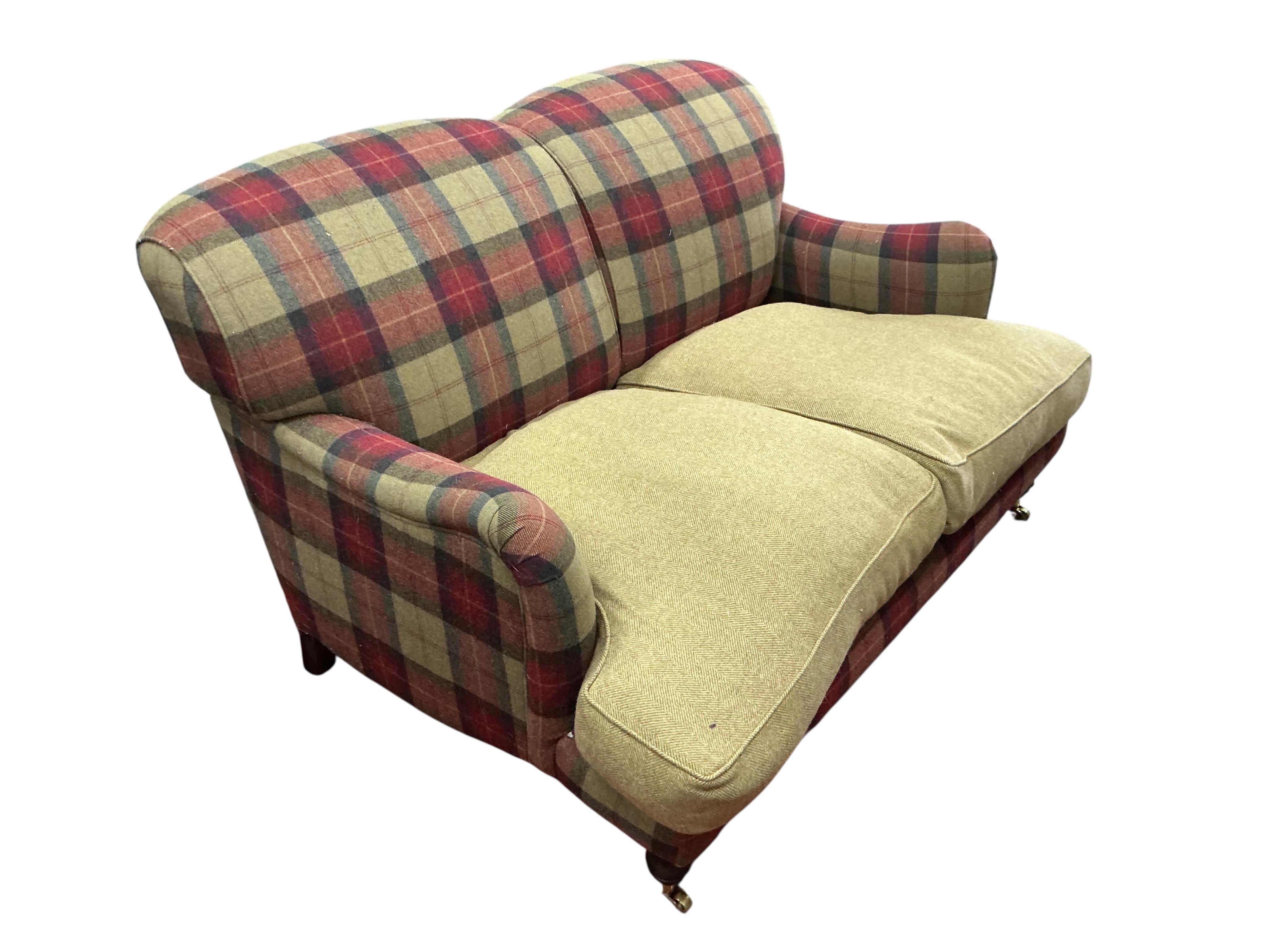 A Sofa Workshop tartan wool fabric two seater sofa in the manner of Howard and Sons, width 142cm, depth 96cm, height 88cm